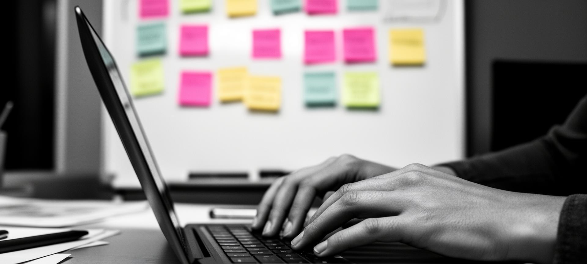 Mains sur clavier avec post-its et outils de travail collaboratif en arrière-plan