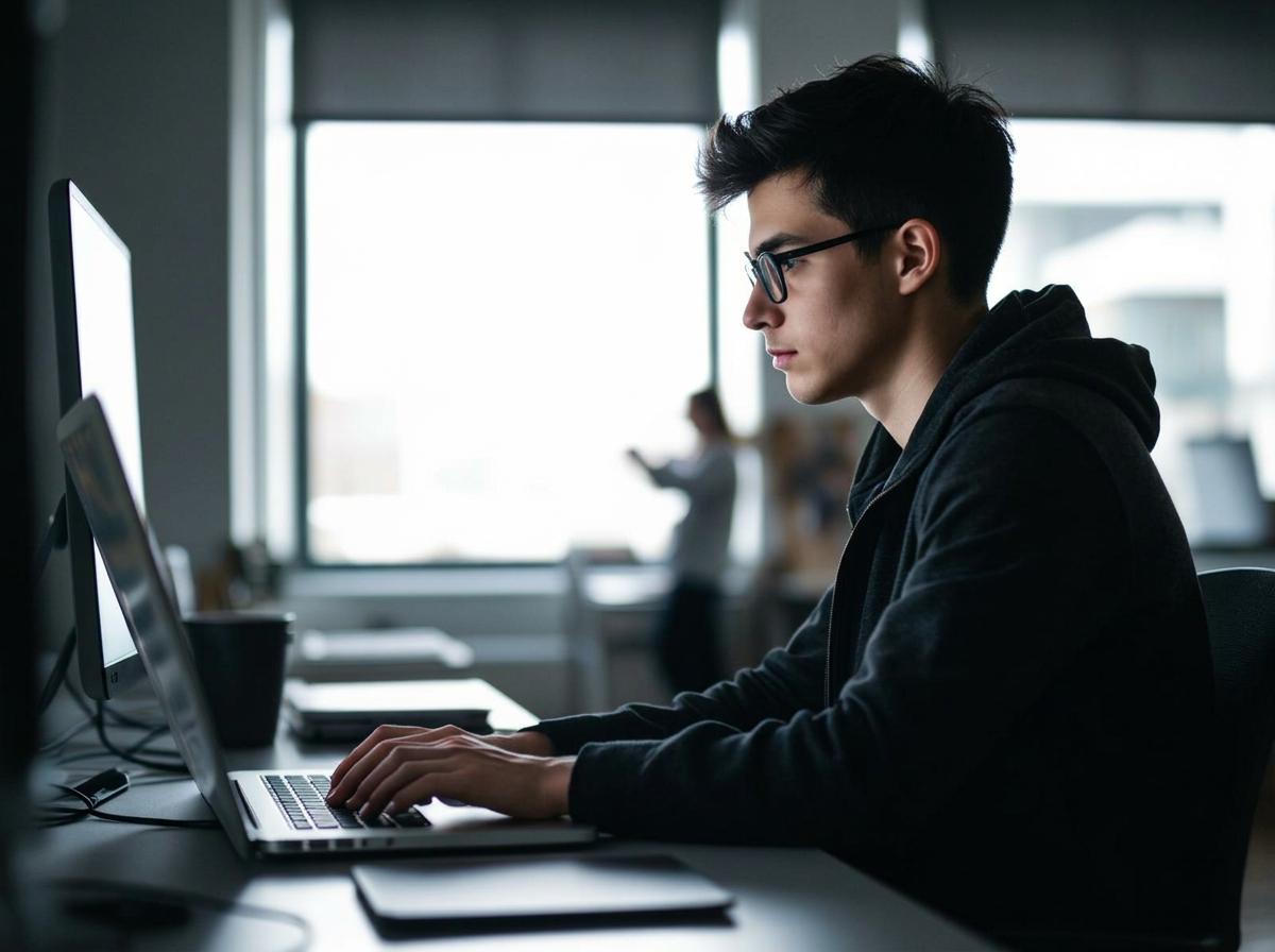 Étudiante concentrée travaillant sur un projet réel avec ses outils digitaux